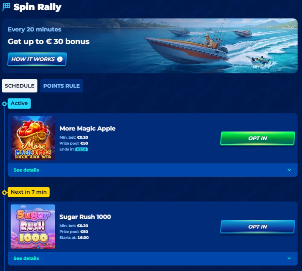 BassBet Spin Rally rangering og nylige store gevinststatistikker.